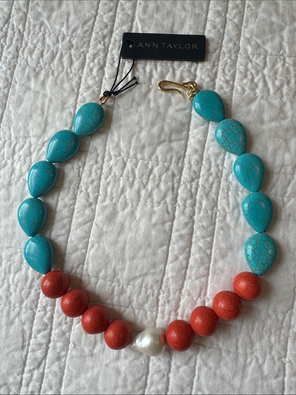Ann Taylor Turquoise Teardrop & Coral Bead Necklace with Pearl Accent